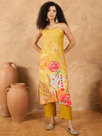 Varanga Women Spaghetti Strap Straight Floral Kurta With Trousers And Dupatta